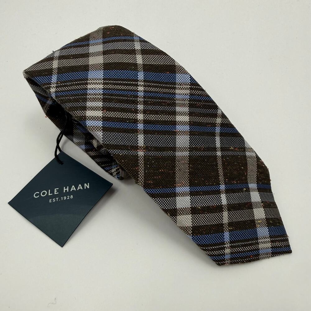 Cole Haan Tie Men’s brown blue plaid 100% silk textured Tweed Menswear Office - Picture 9 of 11